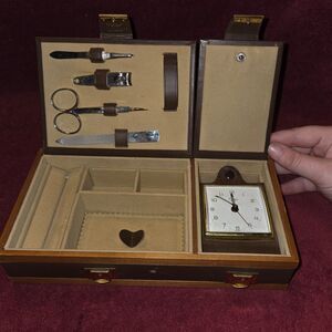 Vintage 60s/70s German Griffon Leather Dresser Valet Travel Clock Manicure set